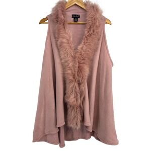 Questions Faux Fur Trim Knit Vest Dusty Rose Pink Women S/M Open Draped Flowy